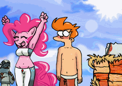 Size: 800x571 | Tagged: :3, animated, anthro, artist:therealfry1, belly button, breasts, crossover, derpibooru import, futurama, midriff, philip j. fry, pinkie pie, sonic the hedgehog (series), suggestive, tube top