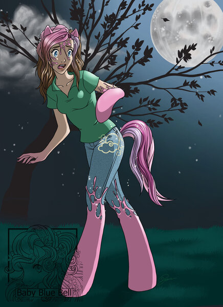 Size: 800x1100 | Tagged: source needed, semi-grimdark, artist:baby-blue-bell, derpibooru import, human, pony, were-pony, blue eyes, breasts, brown hair, clothes, digital art, female, full moon, g3, green shirt, hand, hooves, human female, human to pony, jeans, latex, light skin, moon, multicolored hair, multicolored tail, night, open mouth, pants, pink coat, pink hair, pink mane, pink tail, polo shirt, purple hair, purple mane, purple tail, shirt, solo, standing, t-shirt, transformation, tree