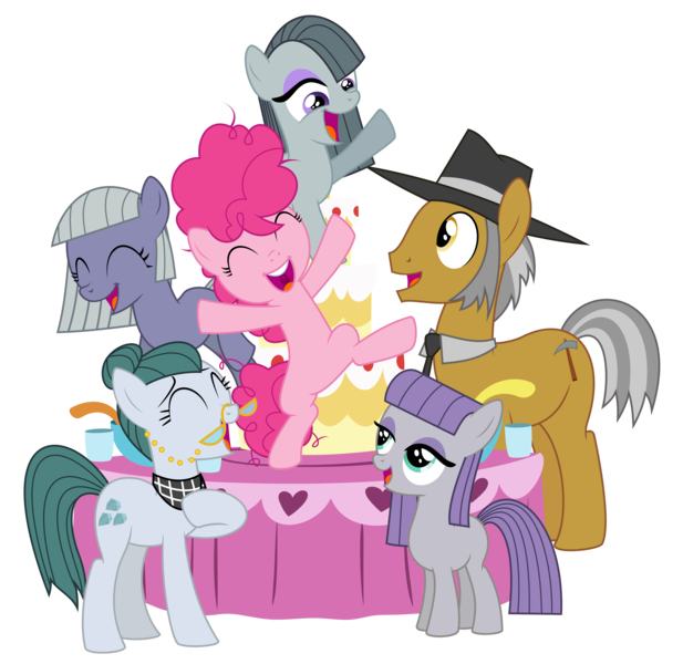 Size: 8233x8000 | Tagged: absurd resolution, artist:masem, cake, cloudy quartz, derpibooru import, family, filly, igneous rock pie, limestone pie, marble pie, maud pie, pie family, pie sisters, pinkie pie, pinkie pride, punch, quartzrock, safe, siblings, simple background, sisters, .svg available, table, transparent background, vector