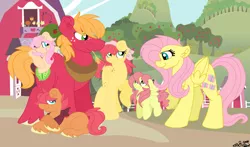 Size: 958x565 | Tagged: safe, artist:skater-jas, derpibooru import, big macintosh, fluttershy, oc, earth pony, pony, colt, family, female, filly, fluttermac, male, offspring, parent:big macintosh, parent:fluttershy, parents:fluttermac, shipping, stallion, straight, straw in mouth, sweet apple acres