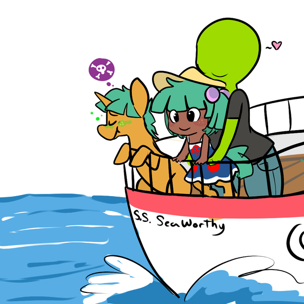 Size: 1000x1000 | Tagged: artist:mt, boat, derpibooru import, human, oc, ocean, oc:femanon, oc:mudpie, offspring, parent:snails, safe, satyr, sea sickness, snails