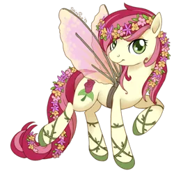 Size: 600x596 | Tagged: safe, artist:shinepawpony, derpibooru import, roseluck, flutter pony, fake wings, flower in hair, solo