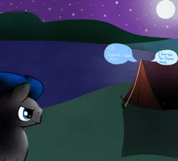 Size: 1024x931 | Tagged: safe, artist:rulette, derpibooru import, rainbow dash, soarin', oc, fanfic, female, frown, glare, implied sex, male, moon, night, shipping, soarindash, straight, tent