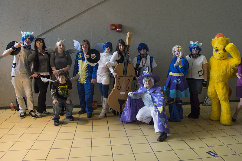 Size: 1000x667 | Tagged: safe, artist:ethan hellstrom, artist:thelordcommander, derpibooru import, derpy hooves, octavia melody, spitfire, vinyl scratch, human, equestria girls, convention, cosplay, fursuit, group photo, irl, irl human, musical instrument, ohayocon, photo, rule 63