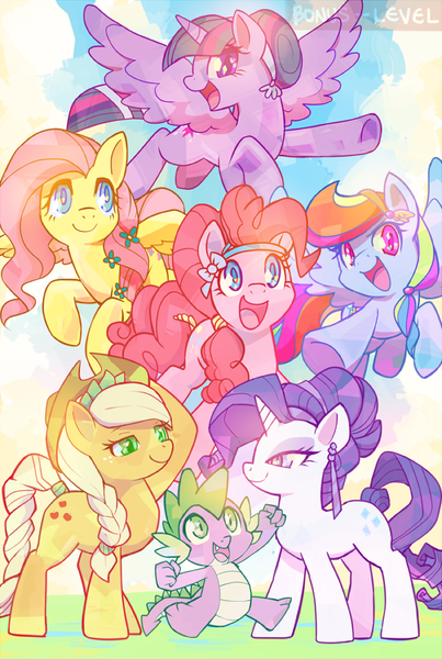 Size: 700x1042 | Tagged: safe, artist:ponjii, derpibooru import, applejack, fluttershy, pinkie pie, rainbow dash, rarity, spike, twilight sparkle, twilight sparkle (alicorn), alicorn, crystal pony, dragon, earth pony, pegasus, pony, unicorn, crystal spike, crystallized, mane seven, mane six