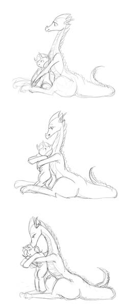 Size: 996x2475 | Tagged: safe, artist:carnifex, derpibooru import, rarity, spike, barb, barlusive, elusive, female, kissing, male, monochrome, older, rule 63, shipping, size difference, sketch, sparity, straight