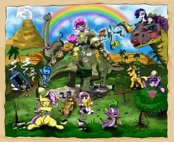 Size: 2436x2000 | Tagged: safe, artist:hereticofdune, derpibooru import, applejack, derpy hooves, doctor whooves, fluttershy, pinkie pie, princess celestia, princess luna, rainbow dash, rarity, spike, time turner, twilight sparkle, brachiosaurus, dinosaur, pegasus, pony, stegosaurus, tyrannosaurus rex, doctor who, female, glasses, hat, magic, makeup, mane seven, mane six, mare, pith helmet, rainbow, sunglasses, tardis, telekinesis