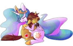 Size: 1280x808 | Tagged: safe, artist:luga12345, derpibooru import, princess celestia, oc, oc:jsonus heartguard, canon x oc, celesonus, eyes closed, hug, shipping