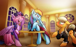 Size: 1957x1200 | Tagged: safe, artist:conicer, derpibooru import, applejack, rainbow dash, twilight sparkle, twilight sparkle (alicorn), alicorn, pony, fanfic, appledash, appledashlight, bipedal leaning, blushing, bolo tie, clothes, dress, eyes closed, eyes on the prize, female, floppy ears, frown, grin, laughing, laughingmares.jpg, lesbian, mare, open mouth, ot3, raised hoof, shipping, smiling, surprised, table, tuxedo, twidash, twijack, wide eyes
