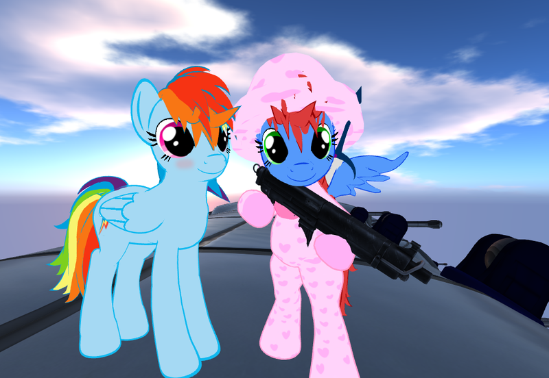 Size: 1024x706 | Tagged: derpibooru import, explicit source, gun, oc, oc:skittles, rainbow dash, safe, second life