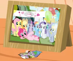 Size: 900x759 | Tagged: safe, artist:bednarowski, derpibooru import, edit, applejack, derpy hooves, fluttershy, pinkie pie, rainbow dash, rarity, spike, twilight sparkle, pegasus, pony, dragon quest, balloon, banner, cake, female, mane seven, mane six, mare, photo, picture, picture frame, smiling, tape, the saddest picture in equestria