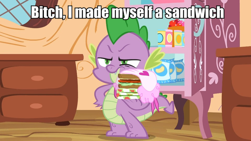 Size: 960x539 | Tagged: safe, derpibooru import, spike, image macro, sandwich, solo, vulgar