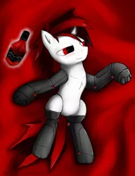 Size: 978x1275 | Tagged: safe, artist:makc-hunter, derpibooru import, oc, oc:blackjack, unofficial characters only, cyborg, pony, unicorn, fallout equestria, fallout equestria: project horizons, fanfic, alcohol, blushing, bottle, chest fluff, fanfic art, female, glowing horn, hooves, horn, levitation, lying down, magic, mare, on back, solo, telekinesis, whiskey