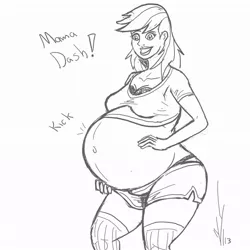 Size: 1024x1024 | Tagged: artist:dragon-storm, belly button, breasts, cleavage, derpibooru import, female, huge belly, human, humanized, monochrome, pregnant, rainbow dash, solo, suggestive