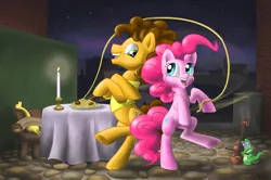 Size: 1020x676 | Tagged: safe, artist:dulali, derpibooru import, boneless, cheese sandwich, gummy, pinkie pie, pony, accordion, bipedal, candle, cello, cheesepie, female, jump rope, male, musical instrument, shipping, smiling, spaghetti, straight