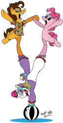 Size: 985x1920 | Tagged: artist:fractiouslemon, balancing, ball, cheese sandwich, clothes, clown, costume, derpibooru import, handstand, happy, pinkie pie, ponyacci, safe, simple background, smiling, transparent background
