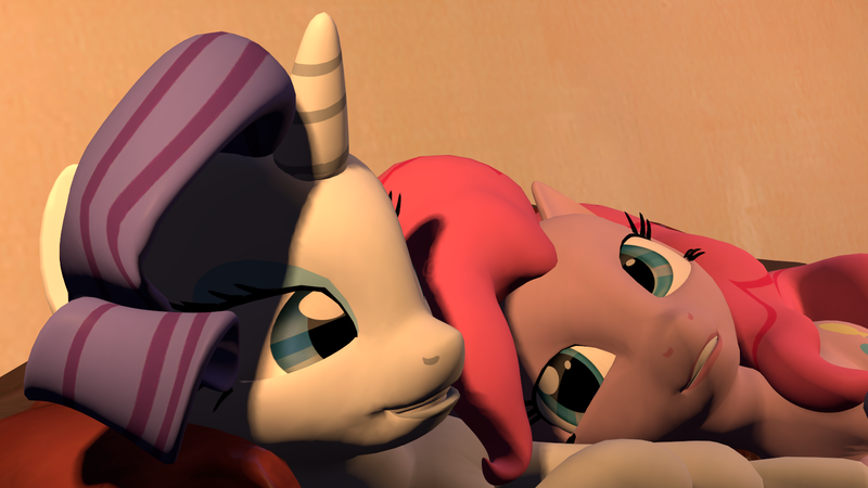 Size: 1600x900 | Tagged: 3d, artist:hellhounds04, derpibooru import, female, lesbian, pinkie pie, raripie, rarity, safe, shipping, snuggling, source filmmaker