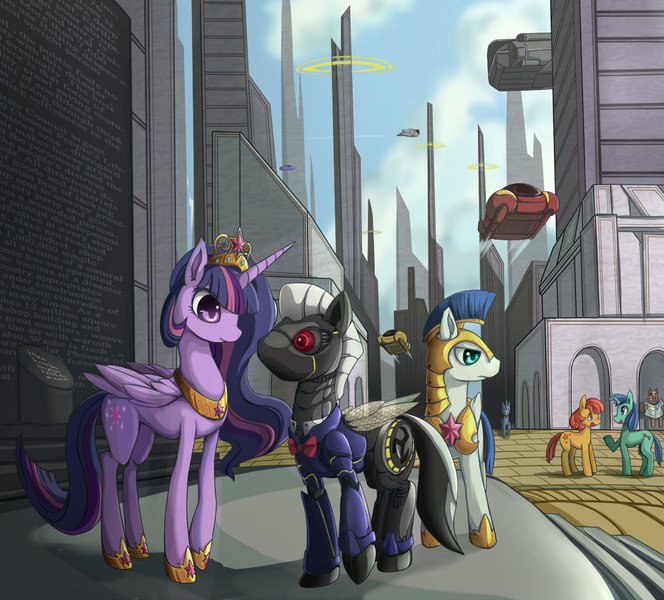 Size: 1200x1084 | Tagged: safe, artist:grasspainter, derpibooru import, twilight sparkle, twilight sparkle (alicorn), oc, oc:ruhig fortepiano, alicorn, android, earth pony, pegasus, pony, robot, robot pony, unicorn, city, female, flying car, future, futuristic, hilarious in hindsight, mare, older, royal guard