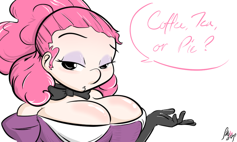 Size: 1000x600 | Tagged: artist:sanders, bedroom eyes, breasts, busty pinkie pie, cleavage, derpibooru import, eyeshadow, female, human, humanized, light skin, looking at you, pinkie pie, solo, solo female, suggestive, waitress