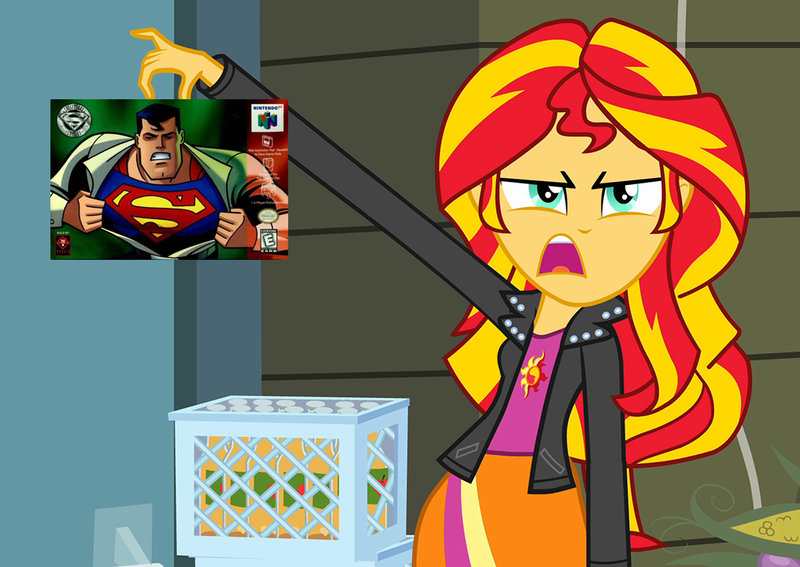 Size: 1016x720 | Tagged: safe, derpibooru import, sunset shimmer, equestria girls, exploitable meme, meme, sunset is disgusted, superman 64, video game