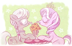 Size: 1133x735 | Tagged: artist:nmnkgskds, braid, derpibooru import, diamond tiara, drink, female, filly, good end, lesbian, milkshake, mushroom, pixiv, safe, sharing a drink, shipping, silver spoon, silvertiara, table