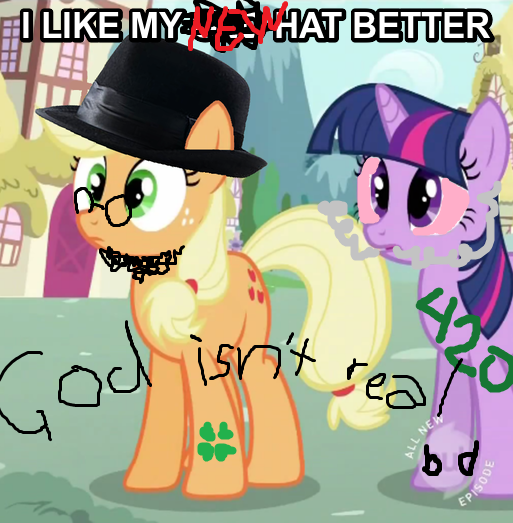 Size: 513x523 | Tagged: 1000 hours in ms paint, 420, 4chan, applejack, atheism, derpibooru import, euphoric, fedora shaming, hat, marijuana, ms paint, neckbeard, quality, safe, trilby, twilight sparkle