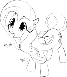 Size: 619x710 | Tagged: artist:dotkwa, cute, derpibooru import, fluttershy, grayscale, horse noises, horses doing horse things, looking up, monochrome, neigh, open mouth, safe, shyabetes, smiling, solo