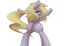 Size: 1280x925 | Tagged: suggestive, artist:extradan, derpibooru import, derpy hooves, oc, oc:jerky hooves, pony, semi-anthro, anus, bipedal, both cutie marks, featureless crotch, gritted teeth, looking back, nudity, plot, simple background, simplistic anus, solo, white background