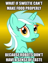 Size: 625x833 | Tagged: conspiracy, conspiracy lyra, derpibooru import, exploitable, exploitable meme, friendship is witchcraft, image macro, implied sweetie bot, lyra heartstrings, meme, safe, solo, sweetie belle, sweetie bot, sweetie fail