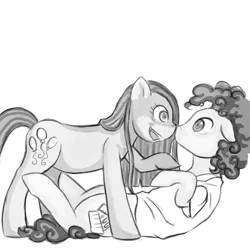 Size: 1024x1024 | Tagged: safe, artist:sushimango, derpibooru import, cheese sandwich, pinkie pie, pinkie pride, cheesepie, female, male, monochrome, pinkamena diane pie, shipping, straight