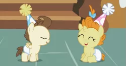 Size: 561x293 | Tagged: safe, derpibooru import, screencap, pound cake, pumpkin cake, pegasus, pony, unicorn, baby cakes, babies, baby ponies, cake twins, colt, cute, diaper, diapered, diapered colt, diapered filly, diapered foals, eyes closed, female, filly, foal, giggling happily, happy, happy babies, hat, male, one month old colt, one month old filly, one month old foals, open mouth, party hats, siblings, sitting, smiling, twins, white diapers