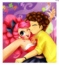 Size: 1280x1419 | Tagged: suggestive, artist:cosmicponye, derpibooru import, cheese sandwich, pinkie pie, human, alcohol, breasts, cheesepie, cleavage, female, happy, humanized, kissing, light skin, male, shipping, straight