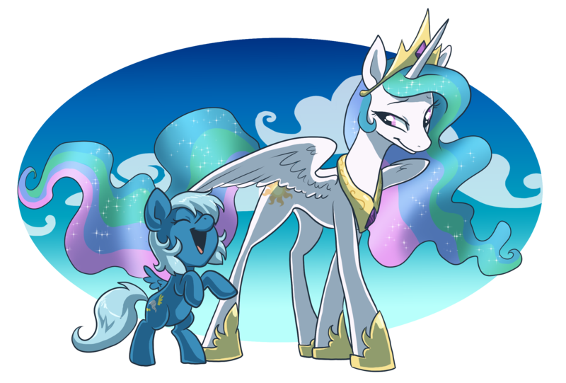 Size: 2336x1580 | Tagged: artist needed, safe, artist:pixel-prism, derpibooru import, princess celestia, oc, circle background, concave belly, crown, duo, filly, flowing mane, gradient background, happy, having fun, height difference, image, jewelry, physique difference, pink eyes, png, rearing, regalia, simple background, smiling, spread wings, transparent background, wavy mane, wings