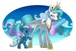 Size: 2336x1580 | Tagged: artist needed, safe, artist:pixel-prism, derpibooru import, princess celestia, oc, circle background, concave belly, crown, duo, filly, flowing mane, gradient background, happy, having fun, height difference, image, jewelry, physique difference, pink eyes, png, rearing, regalia, simple background, smiling, spread wings, transparent background, wavy mane, wings