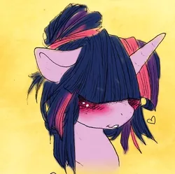 Size: 410x408 | Tagged: alternate hairstyle, artist:dimwitdog, bangs, blushing, bust, covering eyes, cropped, cute, derpibooru import, embarrassed, floppy ears, hair over eyes, heart, hidden eyes, hilarious in hindsight, portrait, safe, smiling, solo, teeth, twilight sparkle