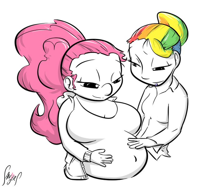 Size: 800x700 | Tagged: safe, artist:sanders, derpibooru import, pinkie pie, rainbow dash, human, female, humanized, lesbian, magical lesbian spawn, offspring, pinkiedash, pregnant, shipping, smiling