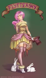 Size: 535x900 | Tagged: animal, artist:sparrow-chan, clothes, derpibooru import, dress, fluttershy, hat, human, humanized, light skin, old banner, rabbit, safe, solo, top hat