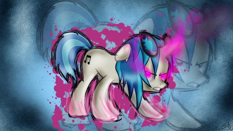 Size: 1024x576 | Tagged: safe, artist:iconsdc2012, artist:silverange130, derpibooru import, vinyl scratch, pony, unicorn, angry, broken, female, floppy ears, glowing eyes, glowing horn, hooves, horn, magic, mare, solo, sunglasses, teeth, vector, wallpaper