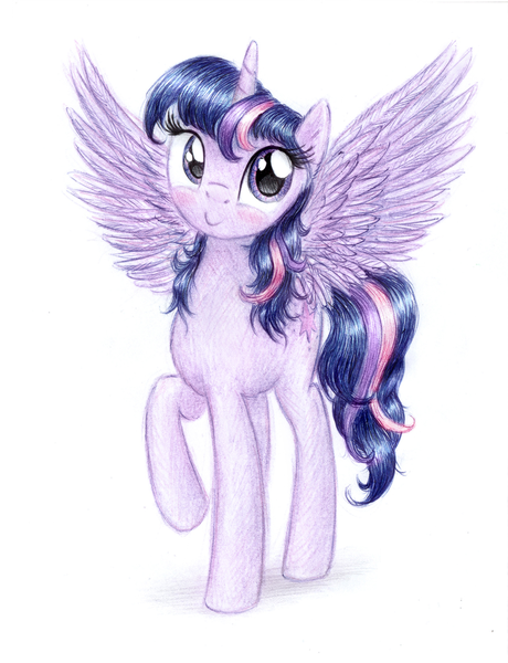 Size: 874x1140 | Tagged: safe, artist:theflyingmagpie, derpibooru import, twilight sparkle, twilight sparkle (alicorn), alicorn, pony, blushing, cute, female, looking at you, mare, raised hoof, smiling, solo, spread wings, standing, traditional art