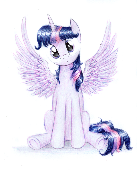 Size: 849x1064 | Tagged: safe, artist:theflyingmagpie, derpibooru import, twilight sparkle, twilight sparkle (alicorn), alicorn, pony, cute, female, head tilt, looking at you, mare, sitting, solo, spread wings, traditional art, underhoof