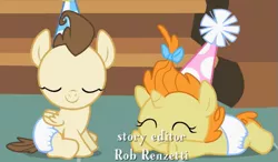 Size: 529x309 | Tagged: safe, derpibooru import, screencap, pound cake, pumpkin cake, pegasus, pony, unicorn, baby cakes, babies, baby ponies, c:, cake twins, cute, diaper, diapered, diapered colt, diapered filly, diapered foals, eyes closed, frown, happy babies, hat, one month old colt, one month old filly, one month old foals, oopsie daisy, party hats, prone, sitting, smiling, white diapers