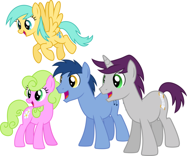 Size: 9548x8000 | Tagged: safe, artist:chainchomp2, derpibooru import, blues, daisy, flower wishes, noteworthy, sunshower raindrops, written script, earth pony, pegasus, pony, unicorn, pinkie pride, absurd resolution, background pony, female, male, mare, open mouth, quartet, simple background, stallion, transparent background, vector