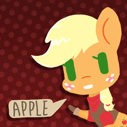 Size: 500x500 | Tagged: animated, apple, applejack, artist:omegaozone, bandana, chibi, clothes, cute, derpibooru import, frame by frame, jackabetes, one word, safe, solo, speech bubble, squigglevision