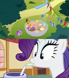 Size: 1091x1228 | Tagged: amethyst star, cheese sandwich, derpibooru import, food, lemon hearts, lyra heartstrings, minuette, party of one, pinkie pride, punch bowl, punch (drink), rarity, rarity looking at food, safe, screencap, warm front