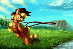 Size: 1600x1088 | Tagged: applejack, artist:zilvart, derpibooru import, grass, jumping, lasso, mouth hold, safe, scenery, solo, water