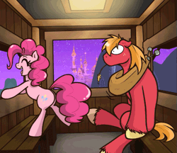 Size: 583x503 | Tagged: safe, artist:redhotkick, derpibooru import, big macintosh, pinkie pie, earth pony, pony, animated, final fantasy, final fantasy vii, floppy ears, fourth wall, hyperactive, looking at you, male, parody, pinkiemac, pointing, sitting, smiling, stallion, straight, wide eyes