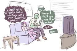 Size: 2412x1609 | Tagged: artist:nobody, couch, daughter, derpibooru import, dialogue, father, father and daughter, movie, movie night, oc, oc:anon, oc:gloria, offspring, pacific rim, parent:oc:gloomy, popcorn, safe, satyr, television, unofficial characters only