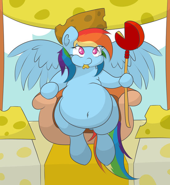 Size: 2443x2653 | Tagged: artist:graphenescloset, belly, belly button, cheese, cheese hat, cheese scepter, derpibooru import, fat, hat, pinkie pride, princess rainbow dash, rainblob dash, rainbow dash, solo, suggestive