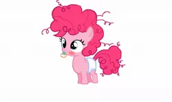 Size: 1180x704 | Tagged: blushing, cute, diaper, diaper edit, diapinkes, filly, foal, messy mane, pacifier, pinkie pie, safe, solo