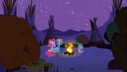 Size: 1366x768 | Tagged: safe, derpibooru import, screencap, pinkie pie, rainbow dash, spike, buffalo, dragon, earth pony, pegasus, pony, over a barrel, campfire, eating, female, male, mare, night, stars, tipi